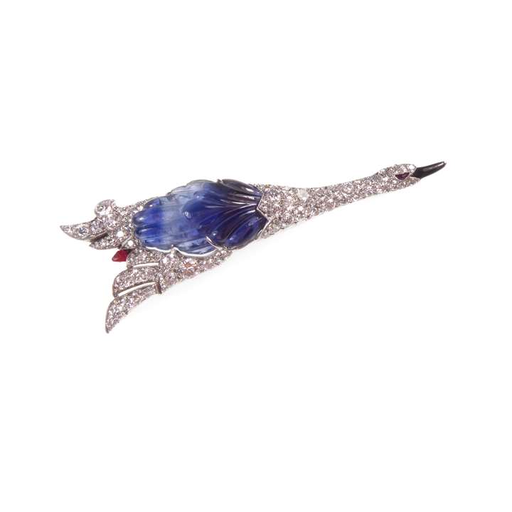 Art Deco carved sapphire, diamond and gem flying goose brooch
